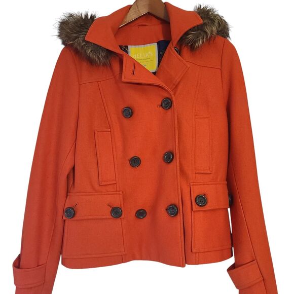 Delias Women's Pea Coat Double Breast Lined Fur Trim Hood Orange L - Picture 1 of 9